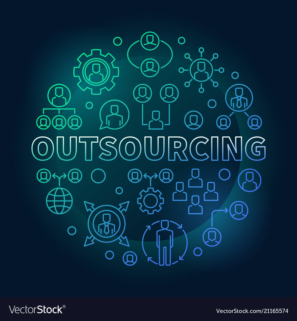 Outsourcing round colored illustration. Vector circular sign made with outsource line icons on dark background